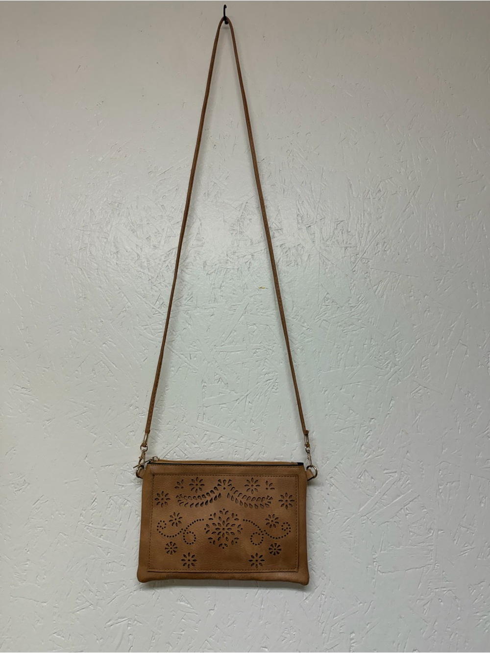 Leather Laser-Cut Crossbody Bag in Tan